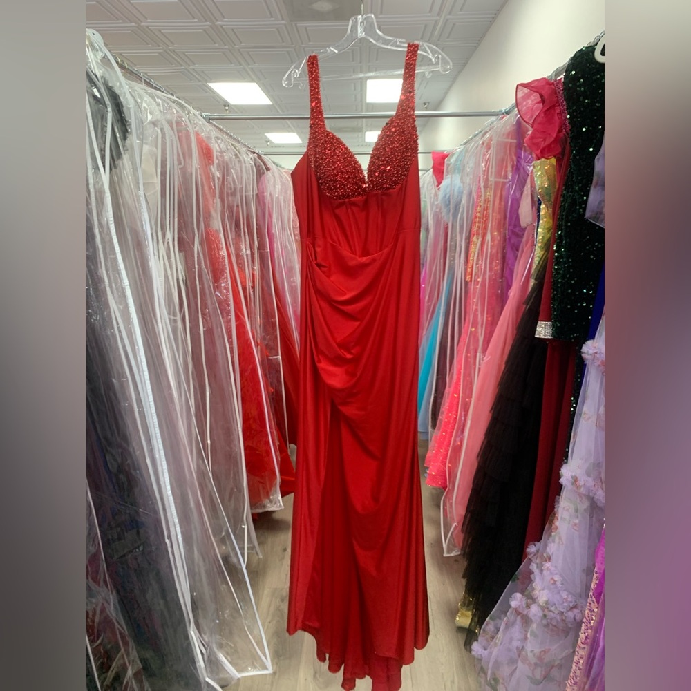 Red Beaded V-Neck Evening Gown
